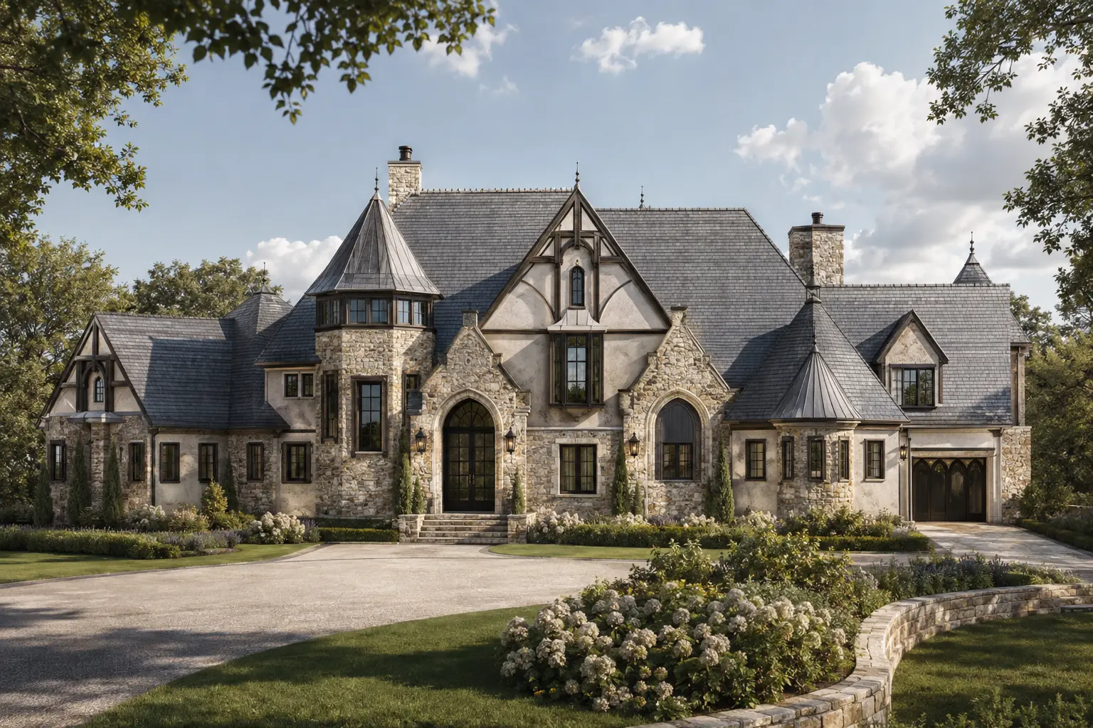 Stone Tudor Manor exterior rendering