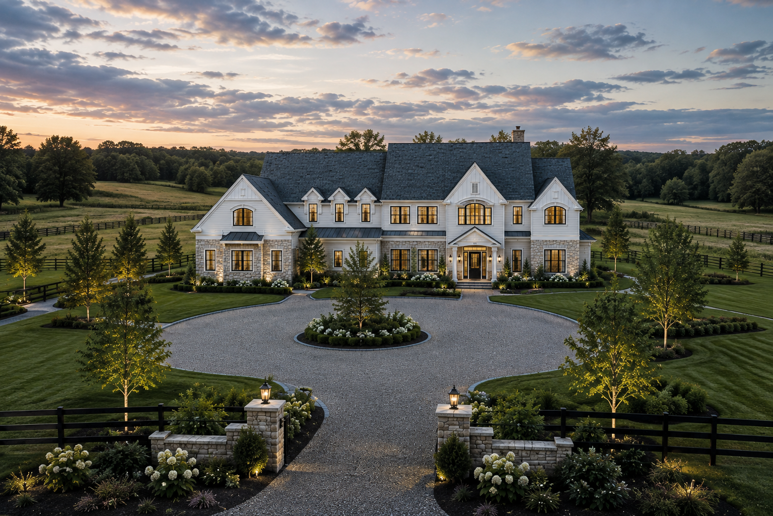 Photorealistic evening rendering of a modern farmhouse with warm lit windows
